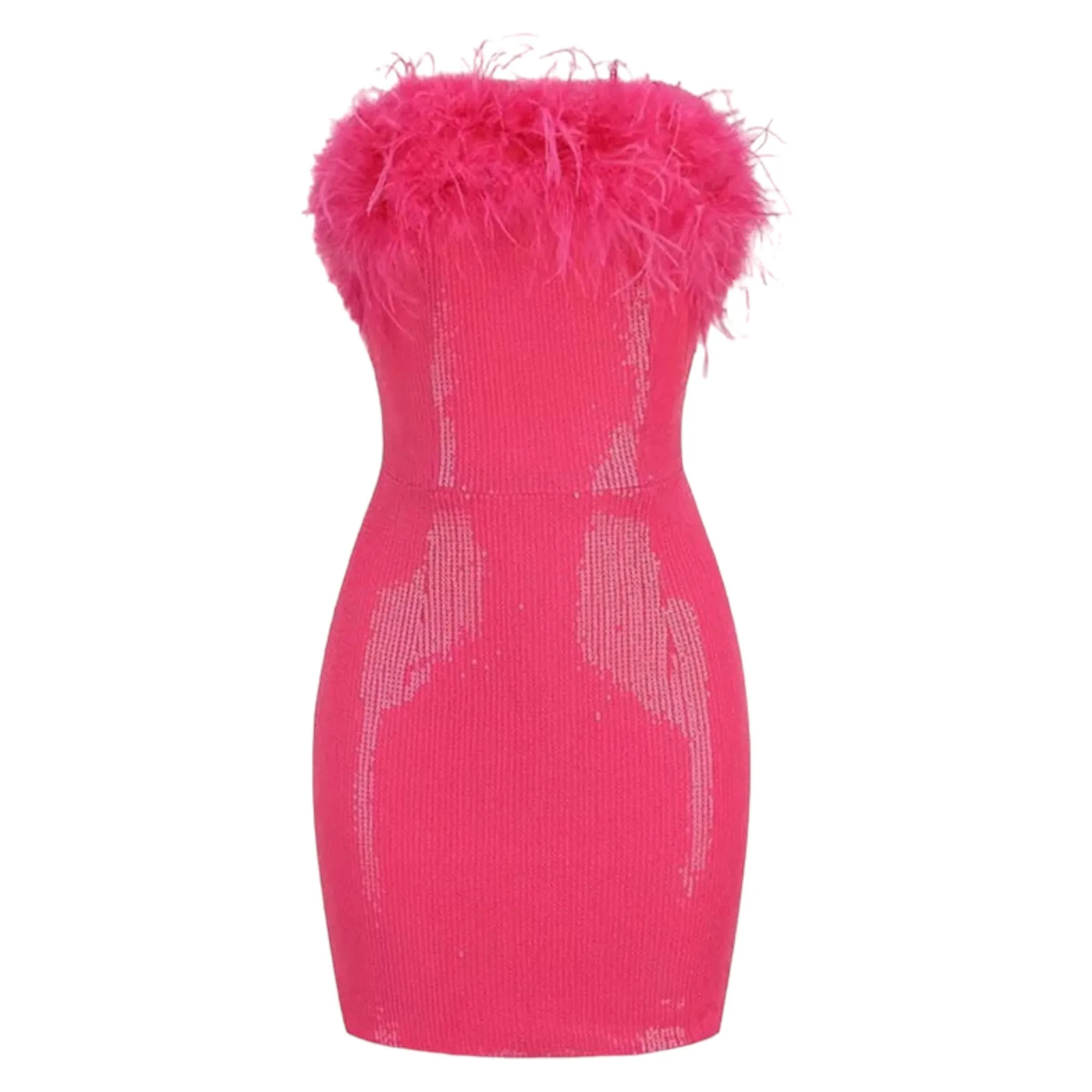 Fuzzy Trim Sequin Tube Bodycon Dress