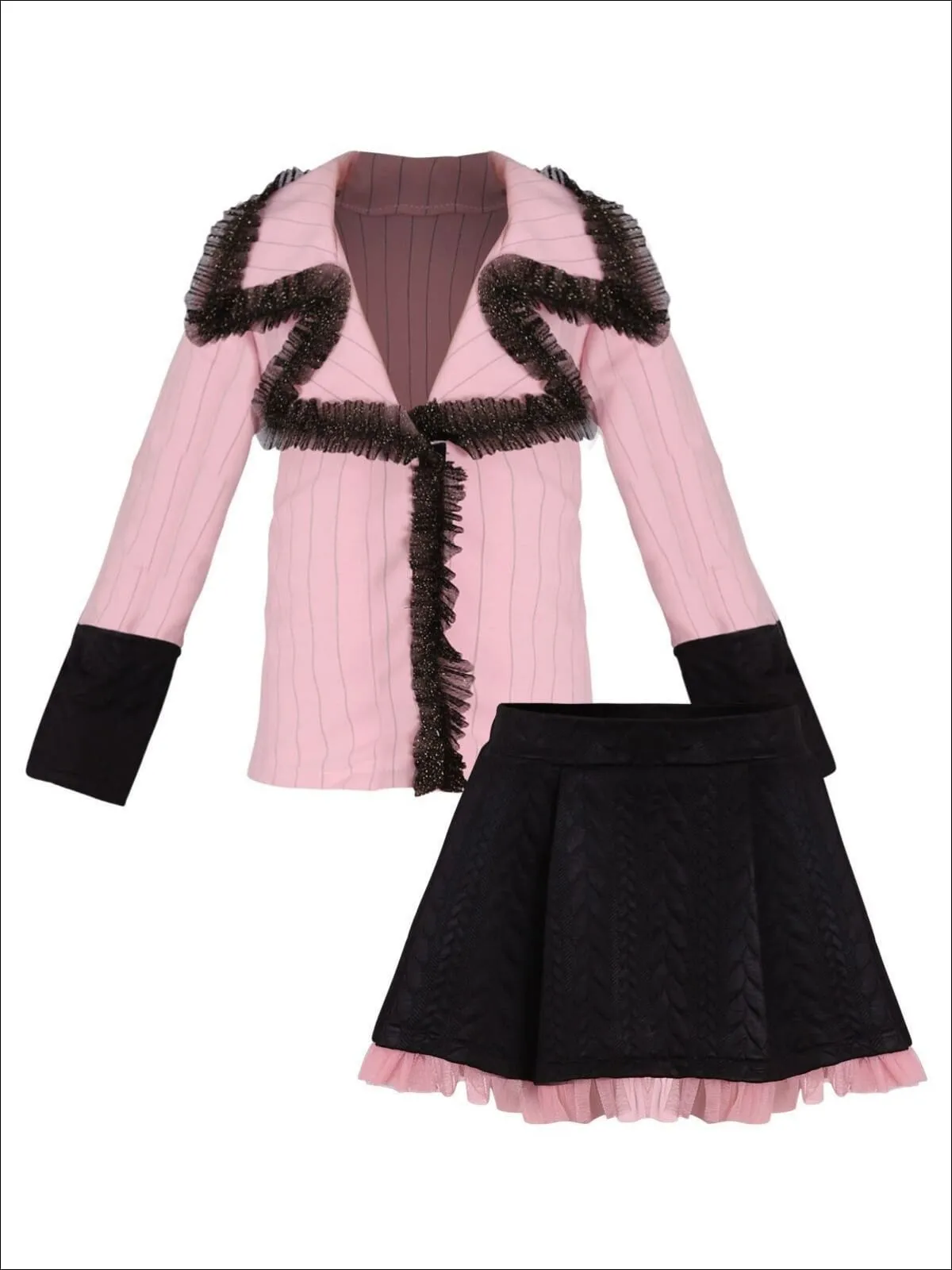 Girls Preppy Ruffled Cuffed Blazer And Matching Ruffled Skirt Set