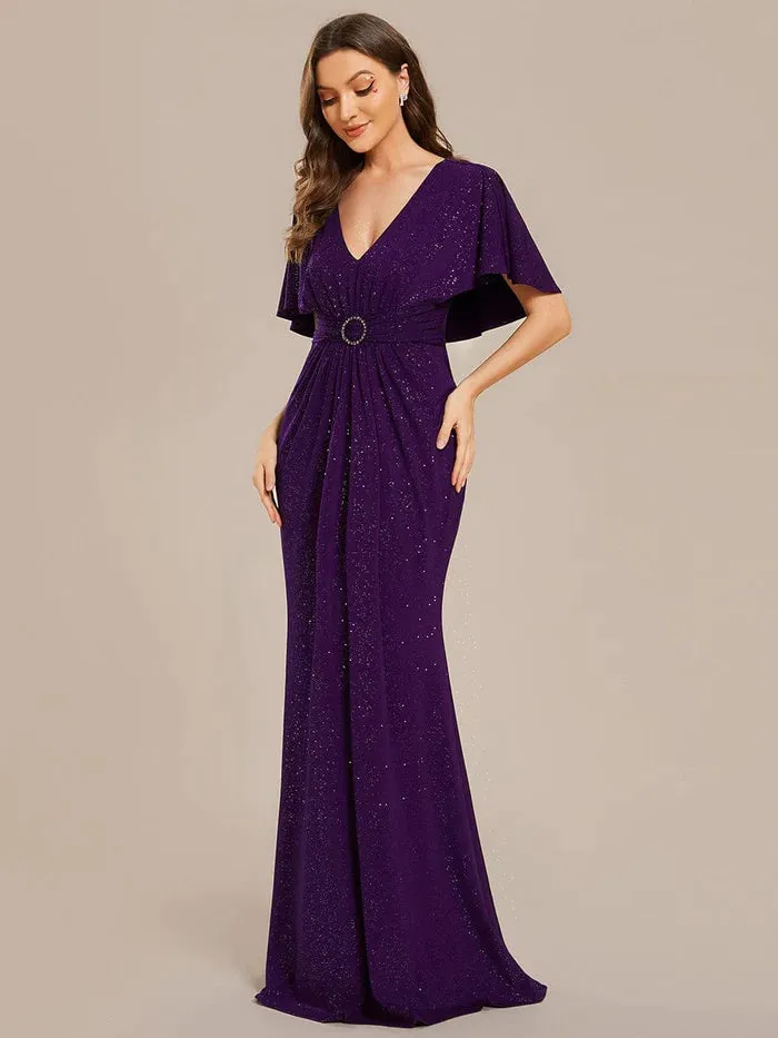 Glittery V-Neck Pleated Bat-Wing Sleeve Bodycon Waist-Cinching Evening Dress