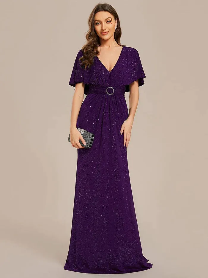 Glittery V-Neck Pleated Bat-Wing Sleeve Bodycon Waist-Cinching Evening Dress