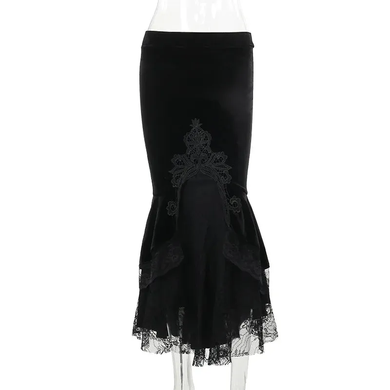 Gothic Dark Vintage Ruffles Mermaid Grunge Punk Midi Skirt