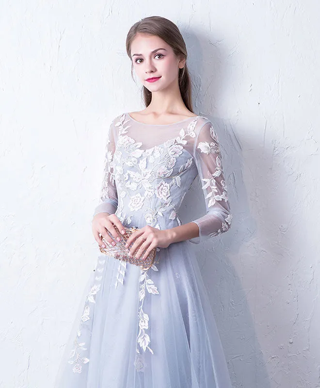 Gray Blue Cute Round Neck Lace Applique Tulle Long Prom Dress, Evening Dress