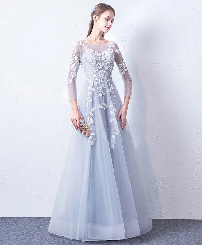 Gray Blue Cute Round Neck Lace Applique Tulle Long Prom Dress, Evening Dress