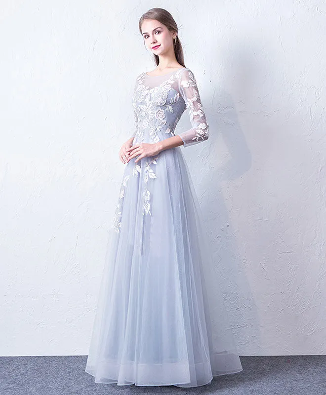 Gray Blue Cute Round Neck Lace Applique Tulle Long Prom Dress, Evening Dress