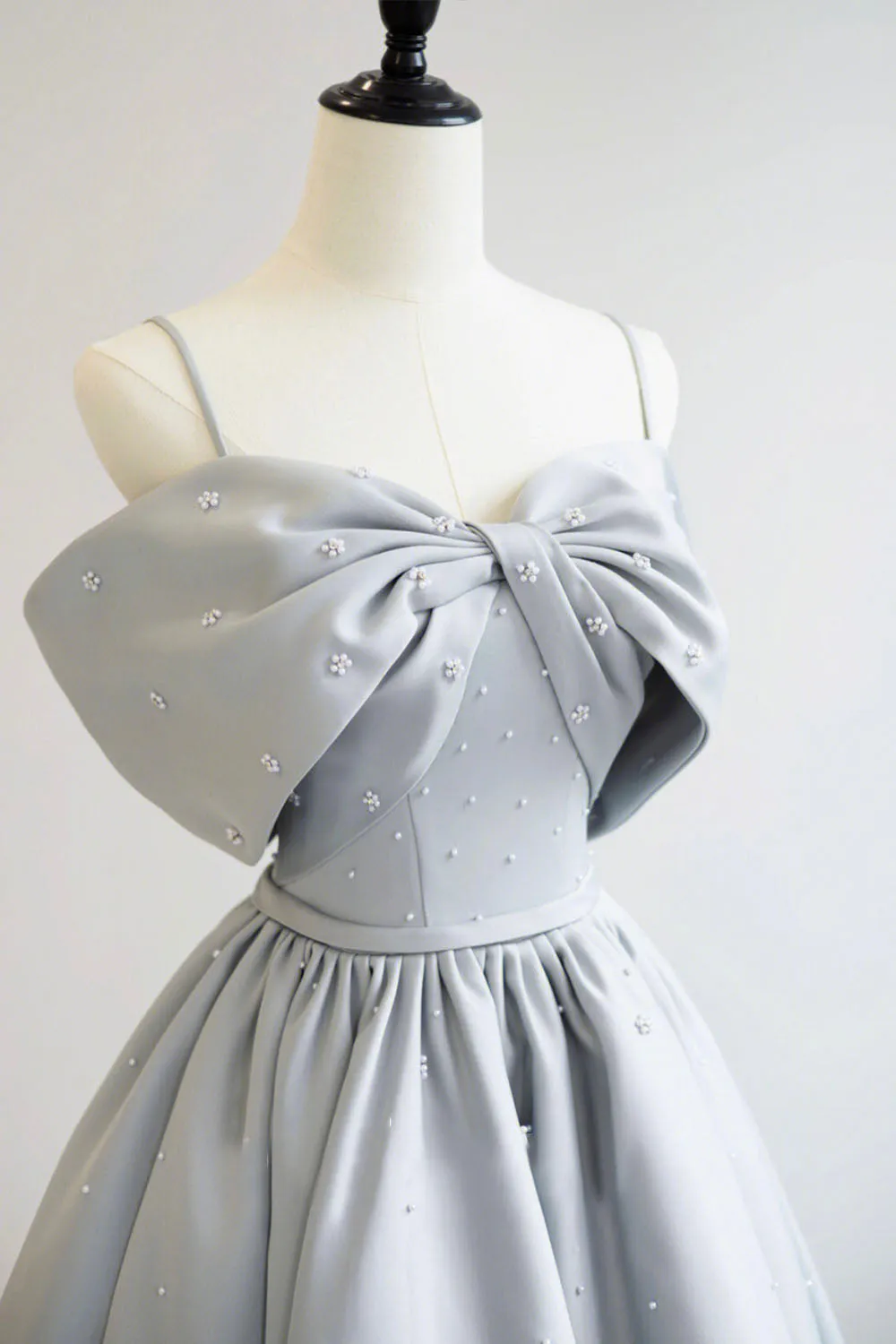 Gray Satin Long A-Line Prom Dress, Off the Shoulder Evening Dress with Pearls