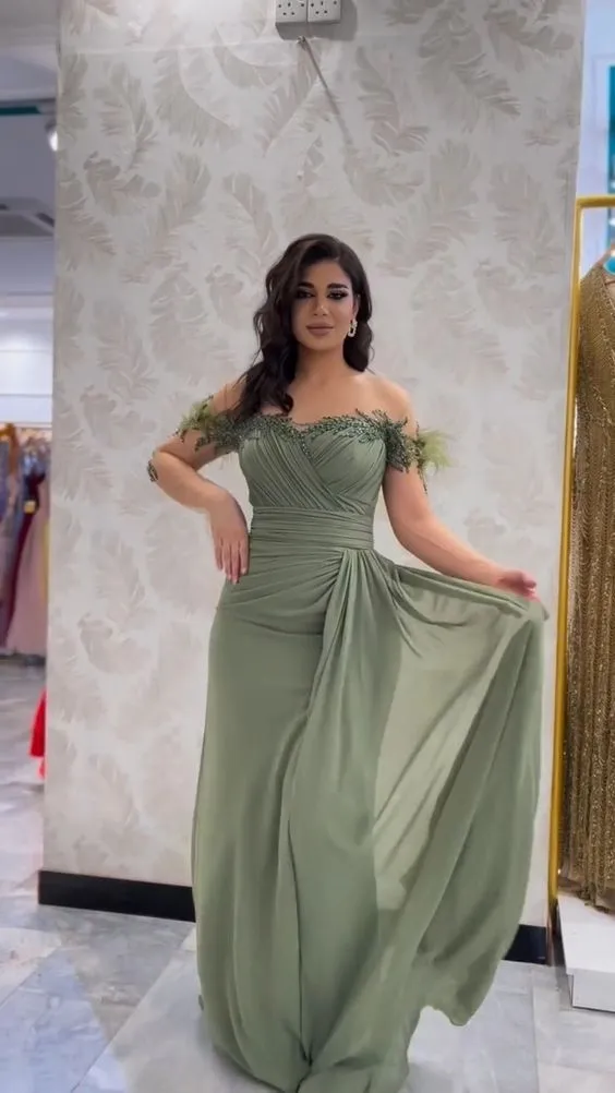 Green Evening Dress for Wedding Party Beaded Chiffon Long Sleeves Pleated Elegant A Line Prom Dresses      fg4385