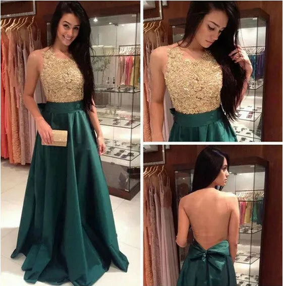 Green Long Lace Top Prom Dress with Sheer Back