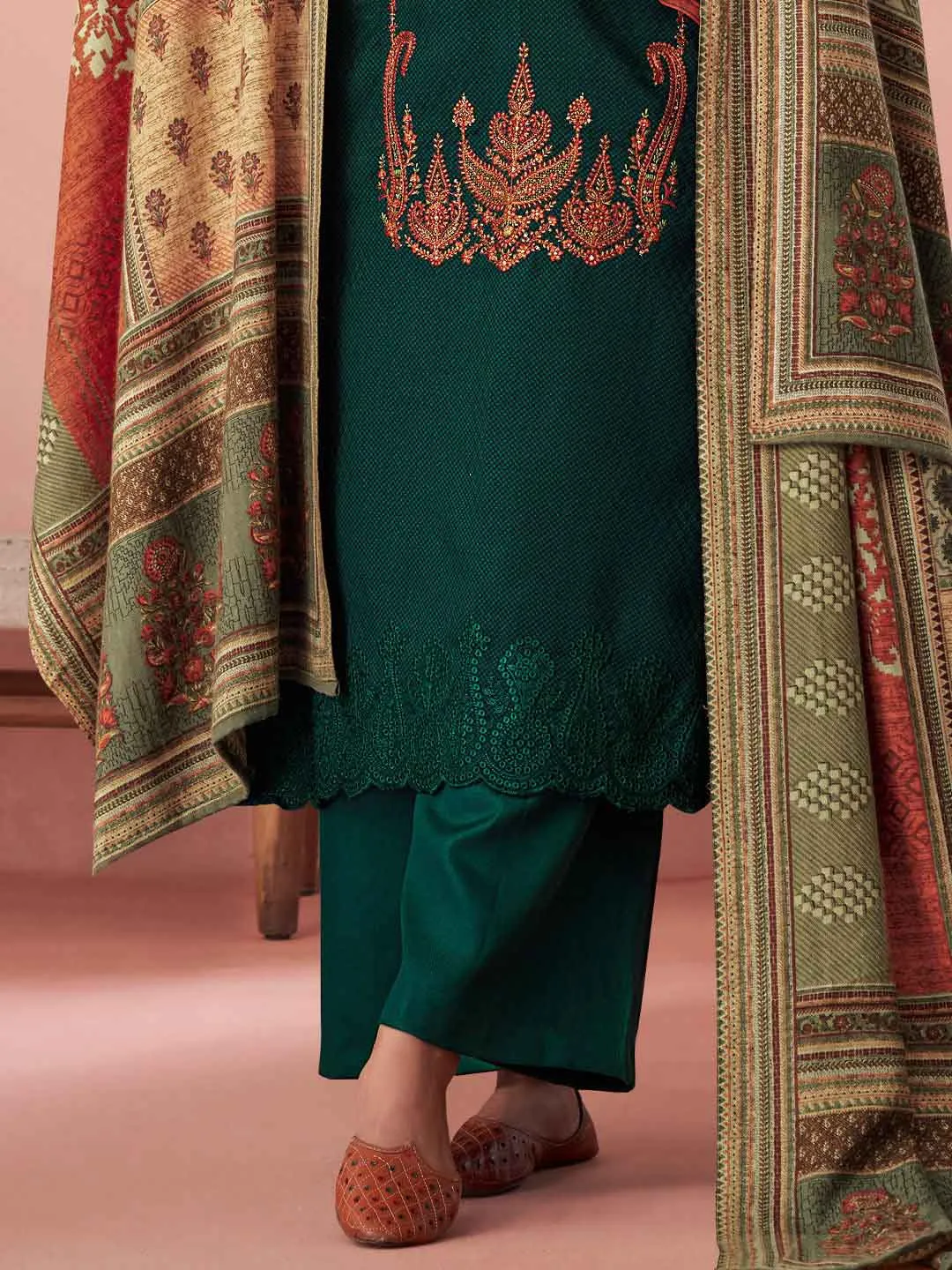 Green Pashmina Twill Embroidered Unstitched Winter Suit Set