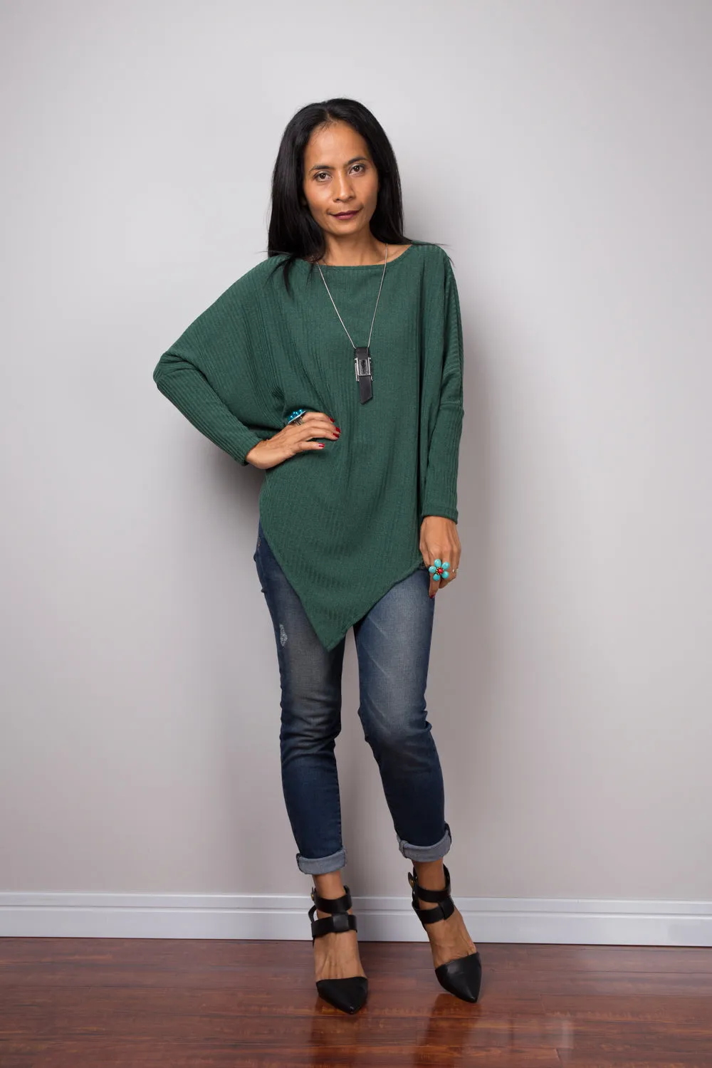 Green Sweater, Long sleeve tunic, Green Pullover, Poncho sweater, Green top, Sweater women, knit sweater, pullover sweater