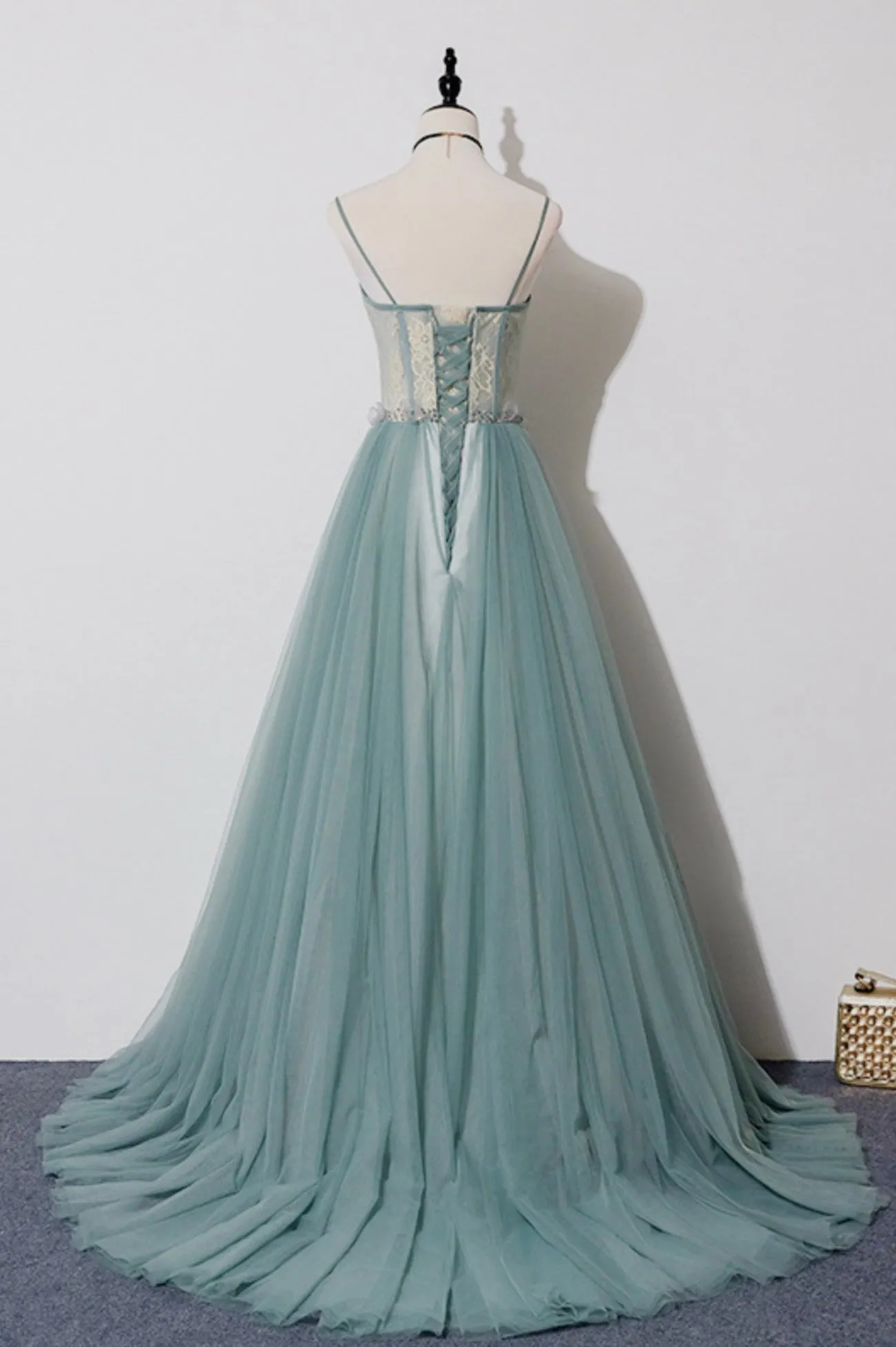 Green Tulle Lace Long A-Line Prom Dress, Spaghetti Strap Evening Dress