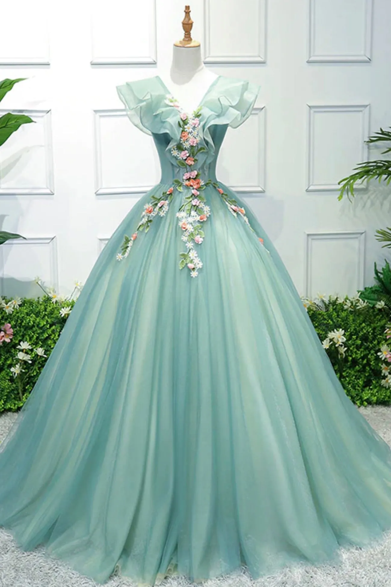 Green V-Neck Tulle Long A-Line Prom Dress, A-Line Evening Formal Gown