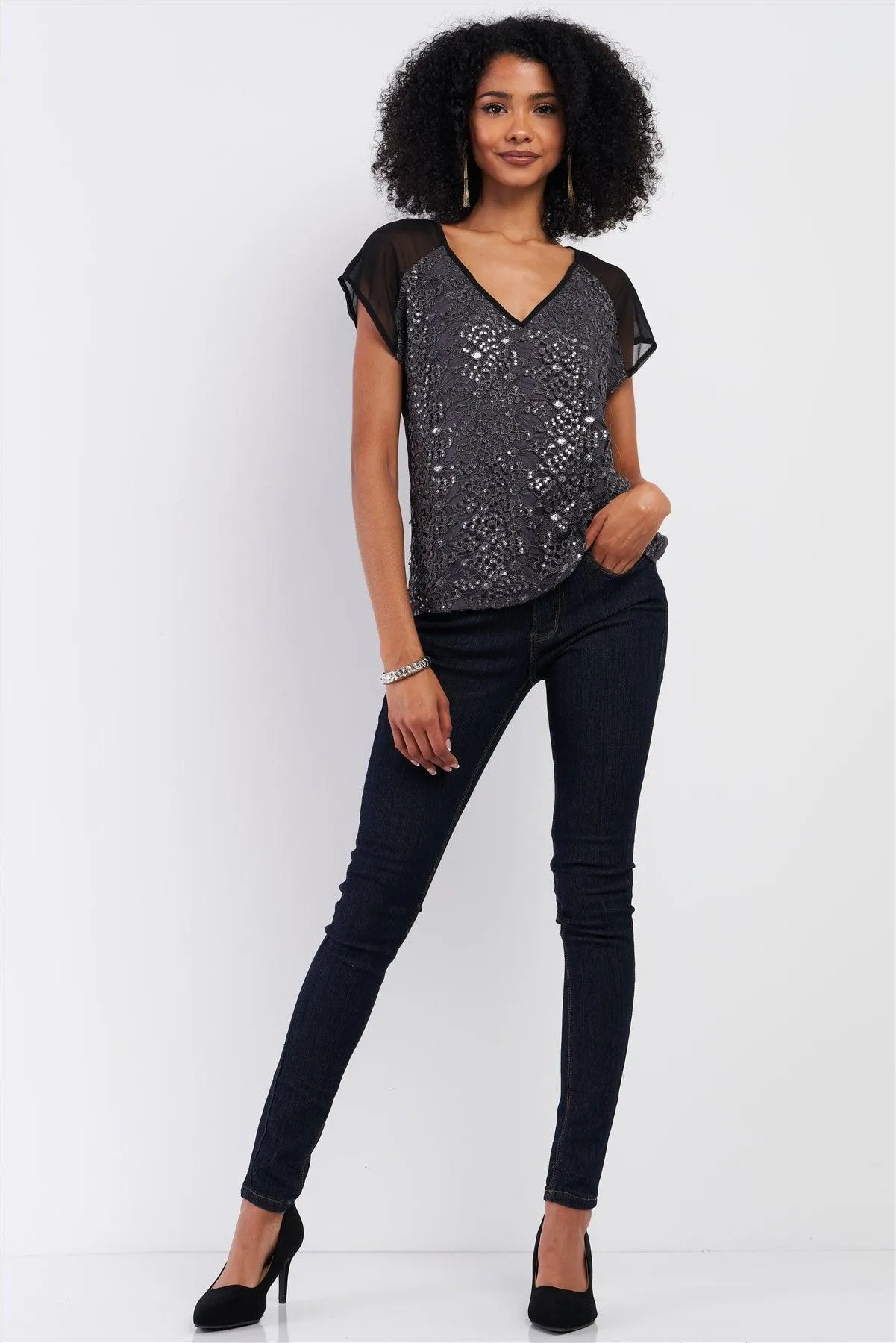 Grey & Black Mesh Crochet Sequin Embroidery V-Neck Top /1-2-2