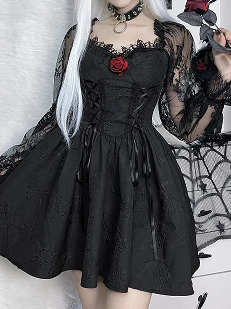 Grunge Sexy Waist Gothic Party A-Line Lolita Sleeve Jacquard Harajuku Lace Dark Vintage High Frock