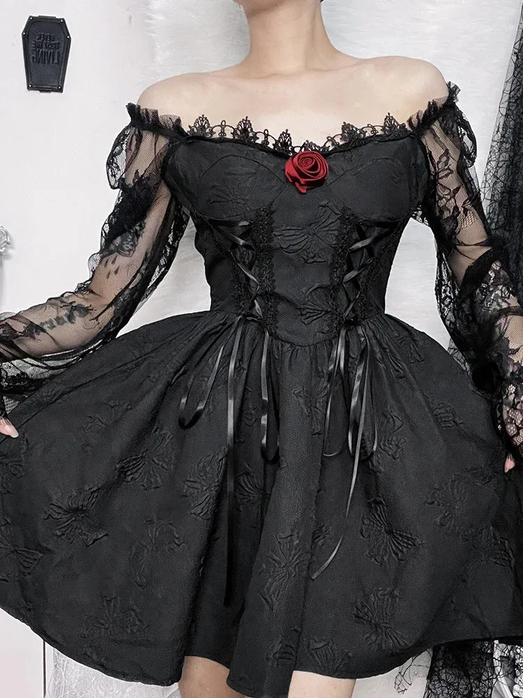 Grunge Sexy Waist Gothic Party A-Line Lolita Sleeve Jacquard Harajuku Lace Dark Vintage High Frock