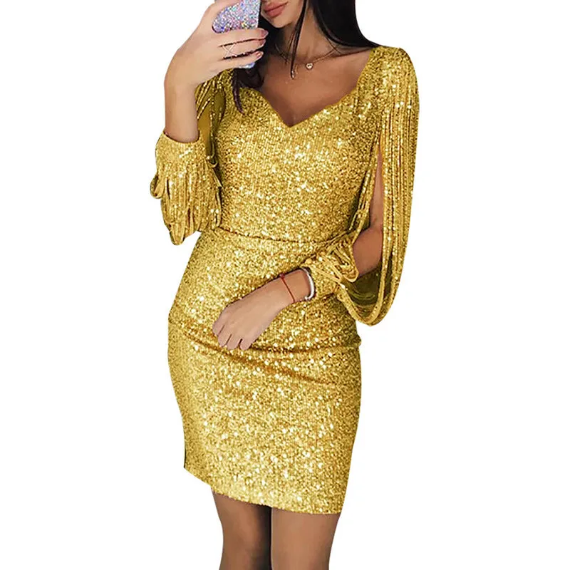 GV Womens' Sequin Club Dresses Sexy Clothing V Neck Girls Party Dress Tassel Sleeves Evening Dresses