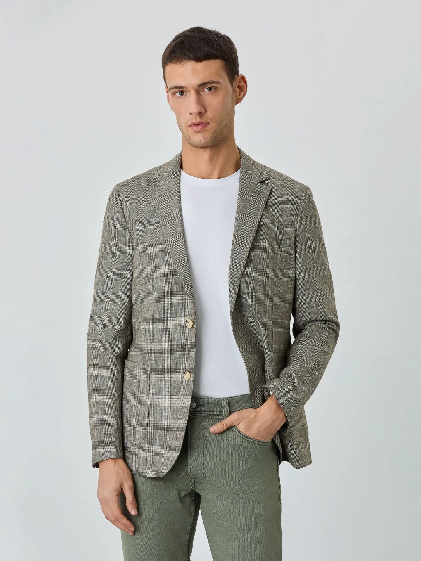 Half-Canvas Prince Of Wales Blazer With Patch Pockets In Linen Blend