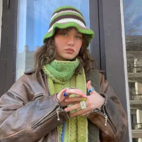 Handmade striped crochet bucket hat in green, brown and off white