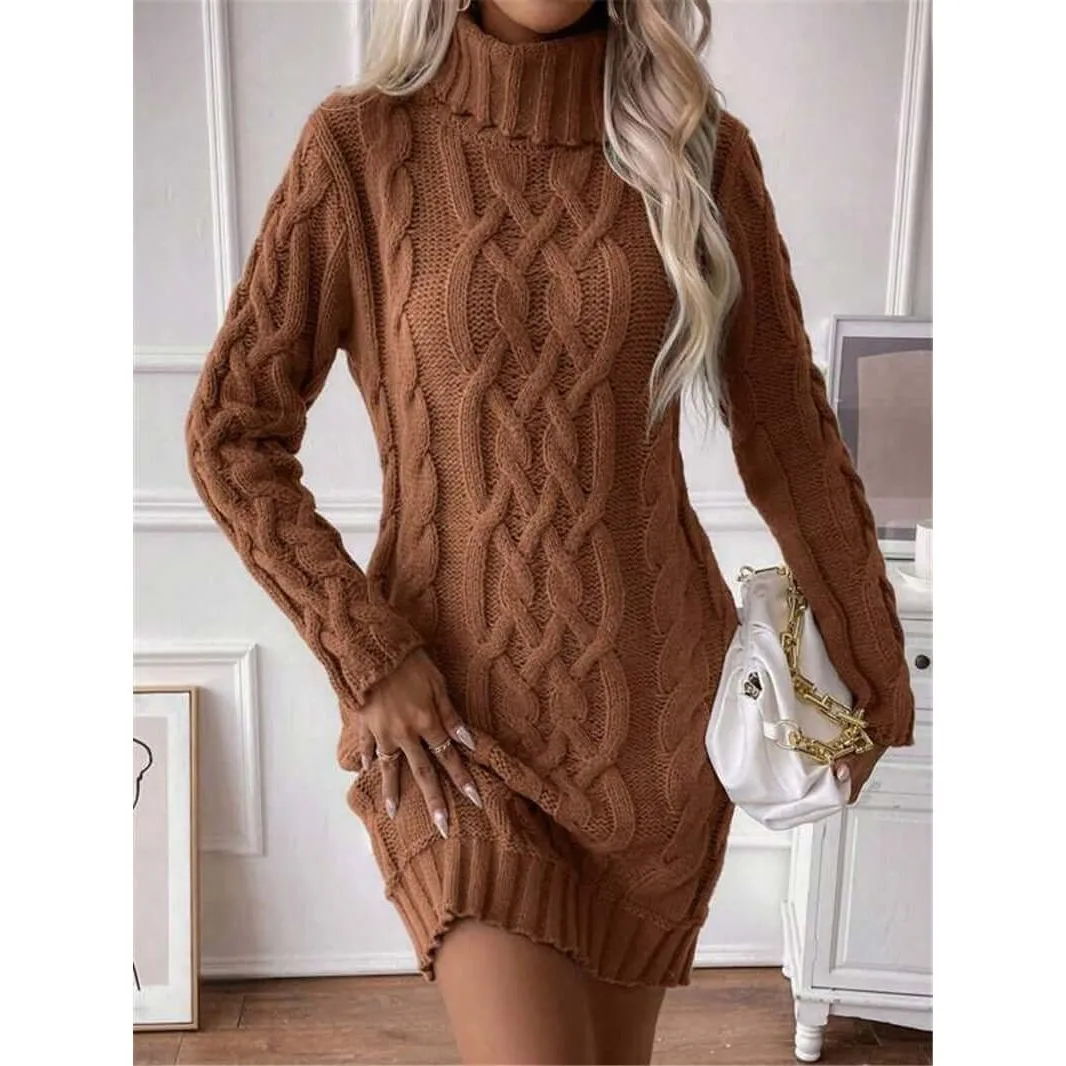 High Collar Slim Knitted Long Sweater dress