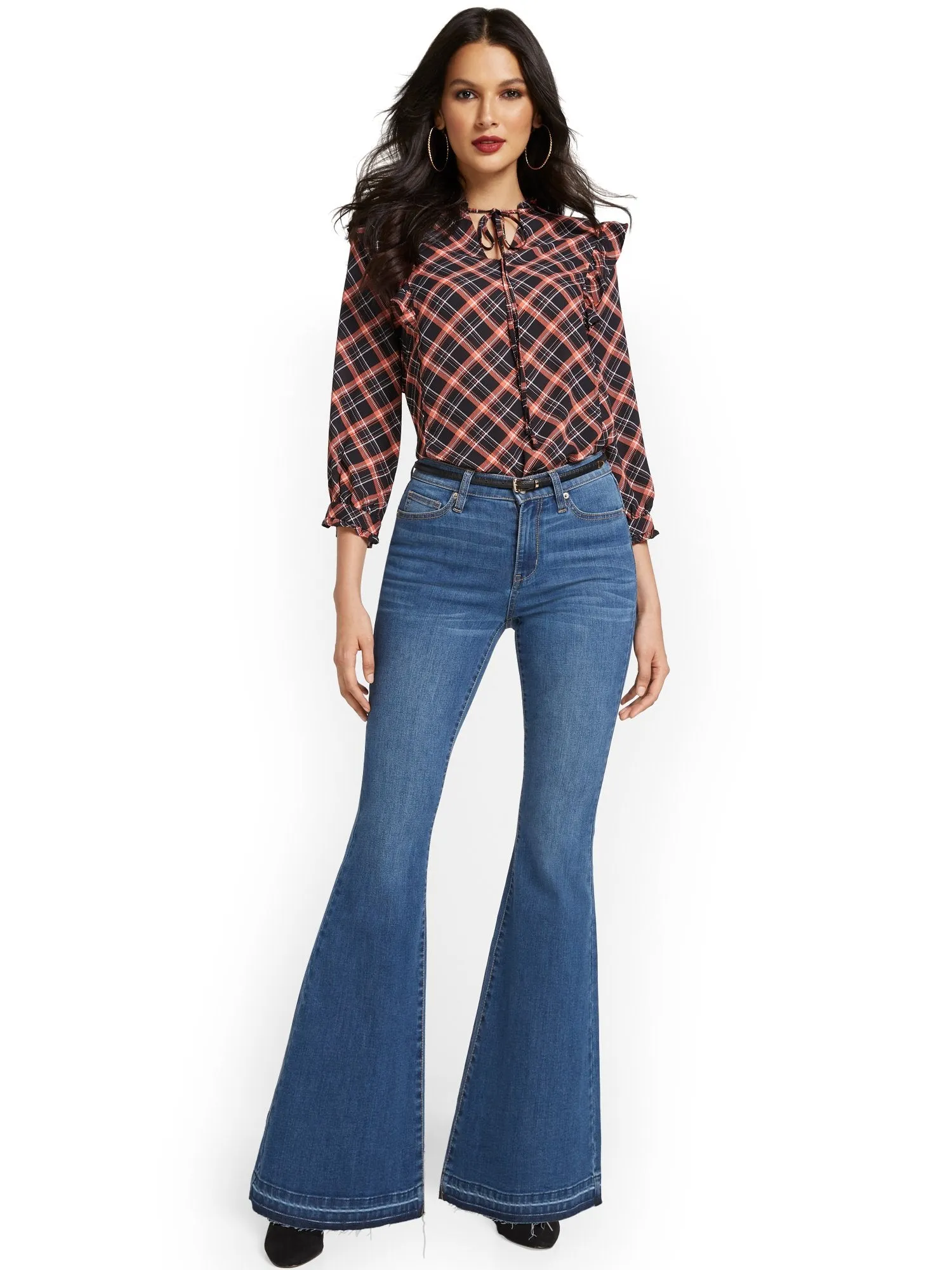 High-Waisted Flare Jeans - Medium Blue Wash