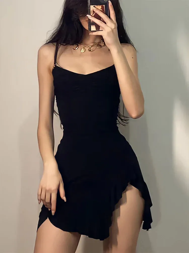 Hnzxzm Summer Sexy Mini Dress Women Sleeveless Strap Streetwear Backless Folds Bodycon Split Black Dress Party Elegant Dresses