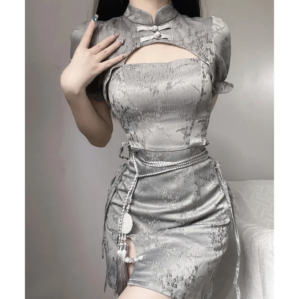 Hollow Short Sleeve Jade Pendant Qipao Dress