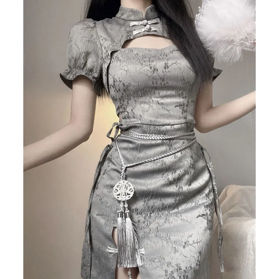 Hollow Short Sleeve Jade Pendant Qipao Dress