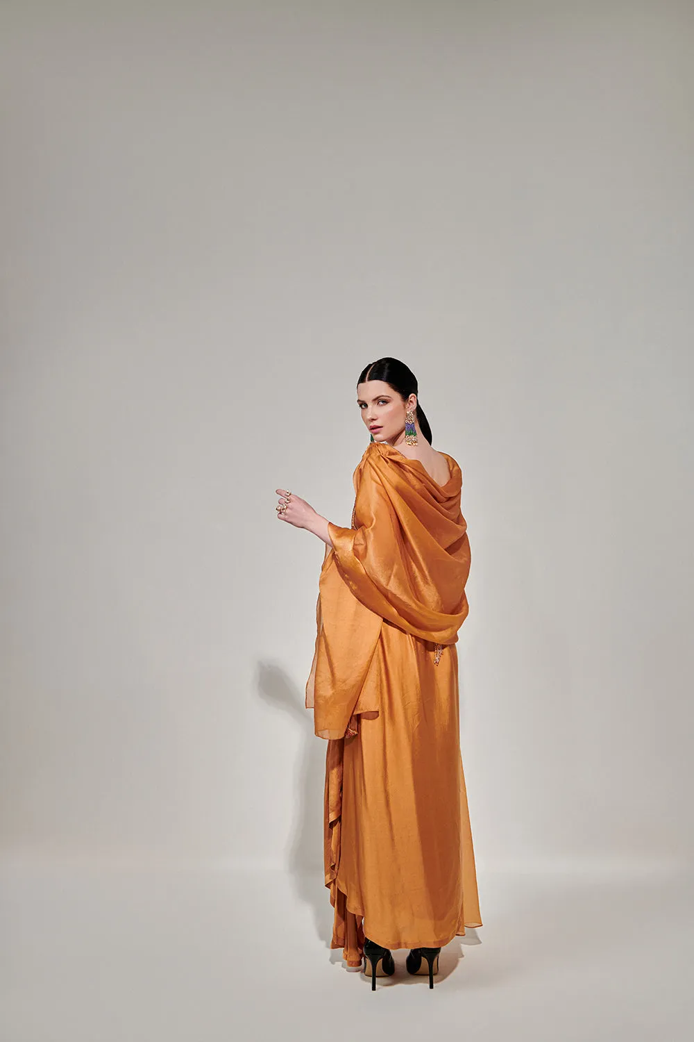 Honey Mustard Cowl Cape Set With Asymmetricdrape Skirt