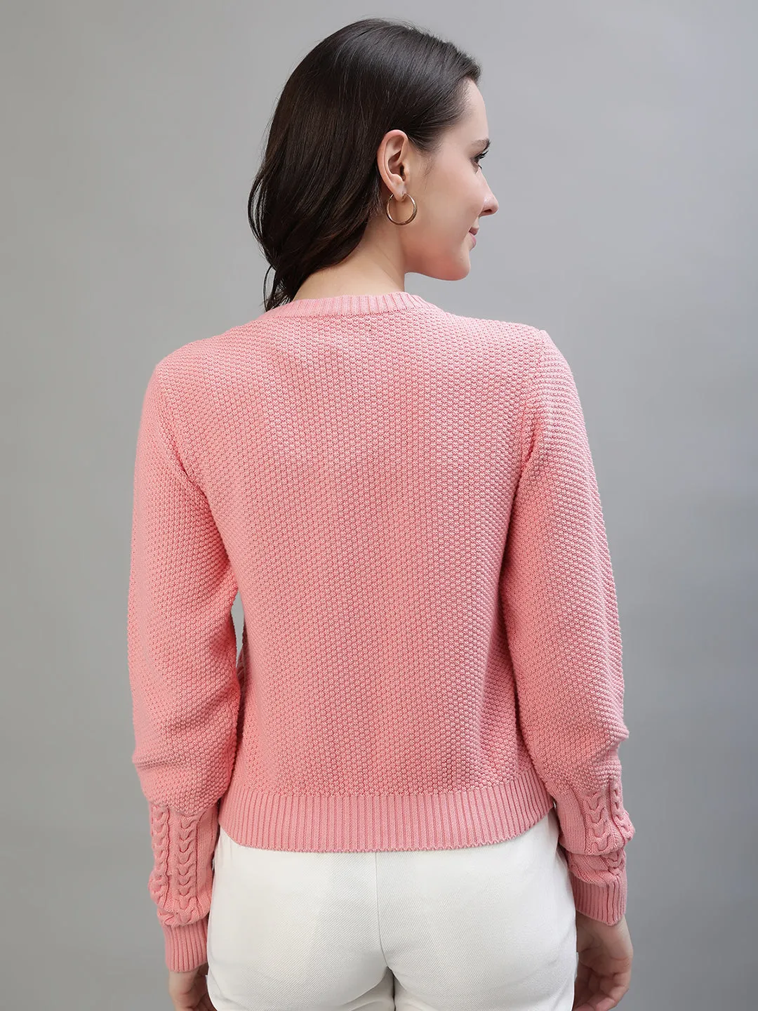 Iconic Women Pink Woven Round Neck Full Sleeves Sweater