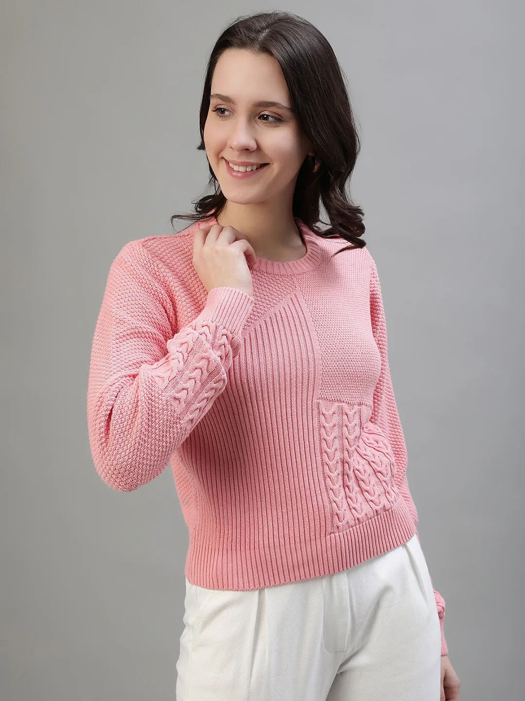 Iconic Women Pink Woven Round Neck Full Sleeves Sweater