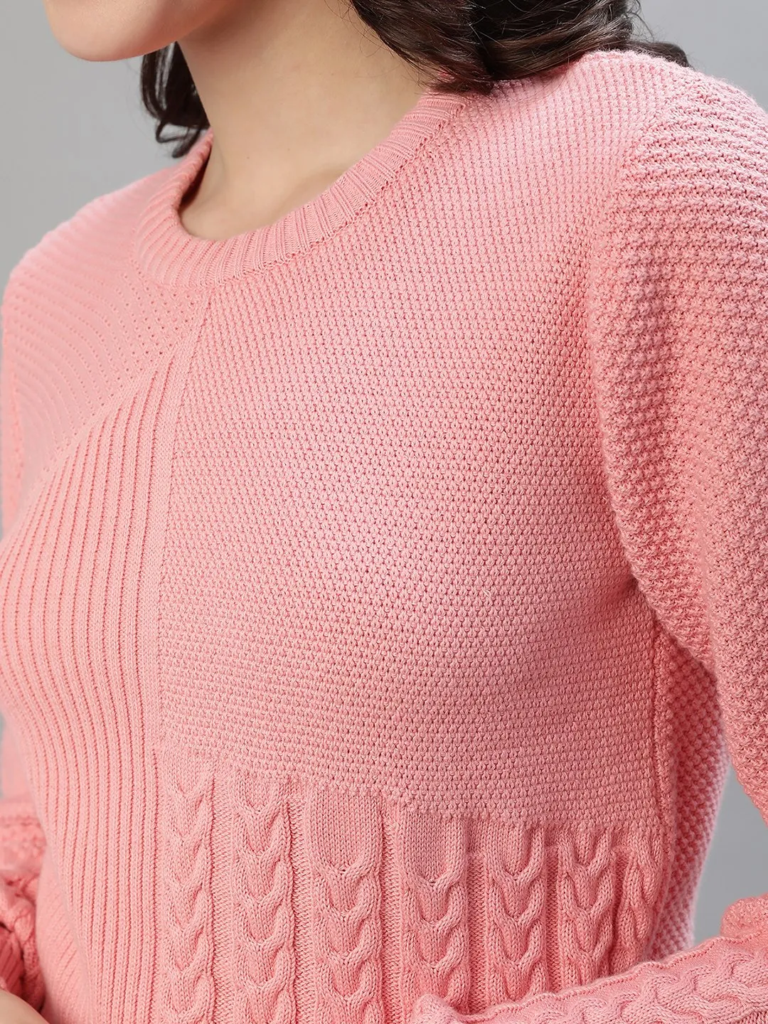 Iconic Women Pink Woven Round Neck Full Sleeves Sweater