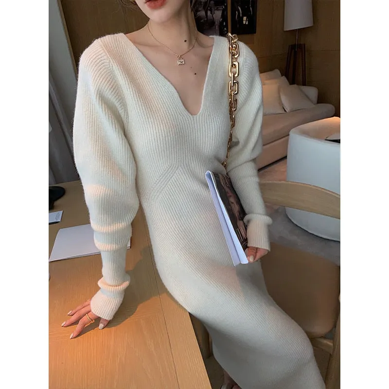 Joskaa 2024 autumn and winter new French v-neck long-sleeved knitted sweater clothing overall Korean women elegant casual clothing