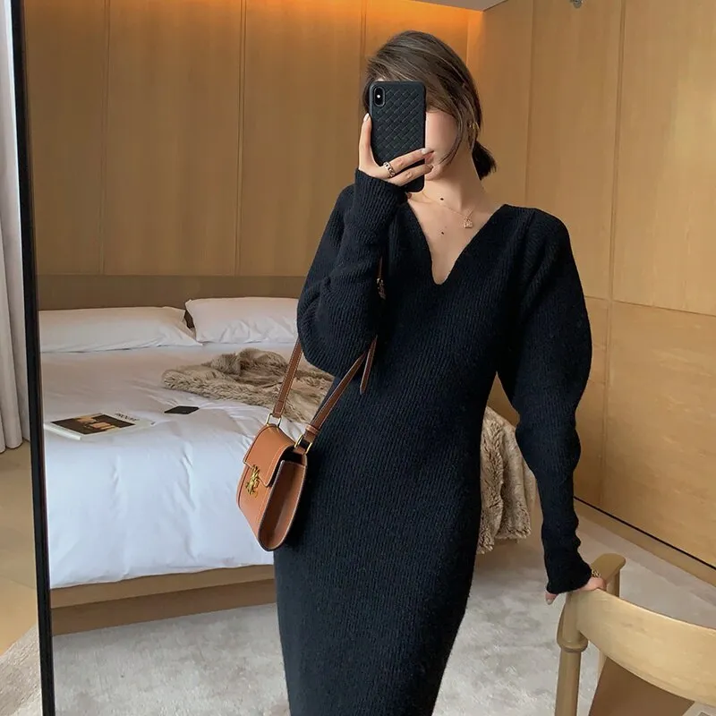 Joskaa 2024 autumn and winter new French v-neck long-sleeved knitted sweater clothing overall Korean women elegant casual clothing