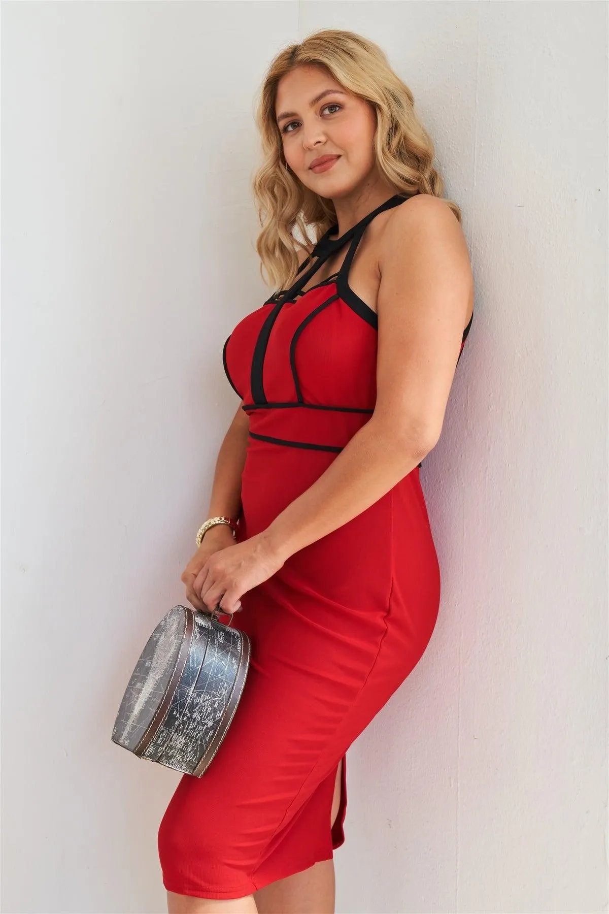 Junior Plus Size Barbados Cherry Cage Halter Neck Bodycon Midi Dress /1-2-2-1