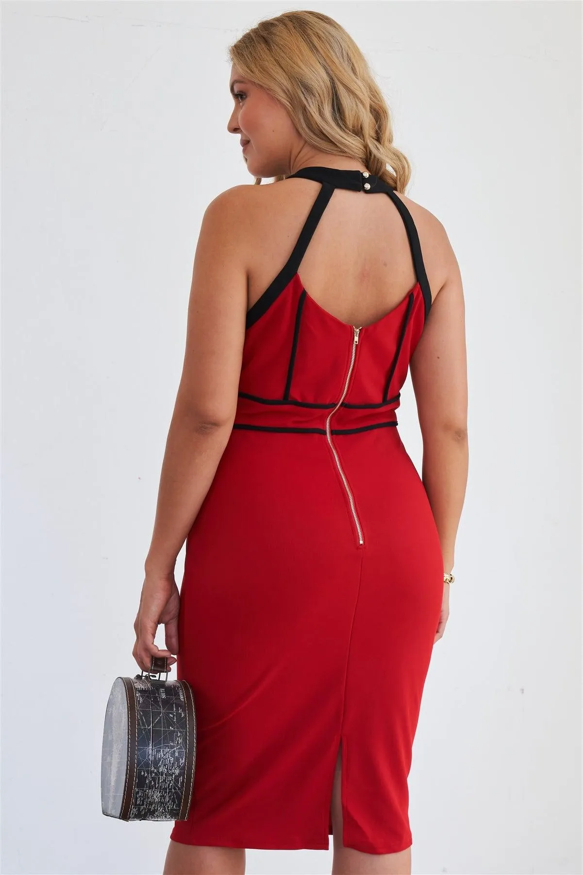 Junior Plus Size Barbados Cherry Cage Halter Neck Bodycon Midi Dress /1-2-2-1