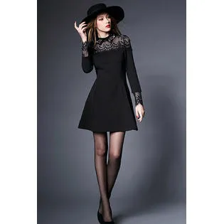 Kett More Women Flower Lace Long Sleeve Halter Skirt Dress-KMWD077