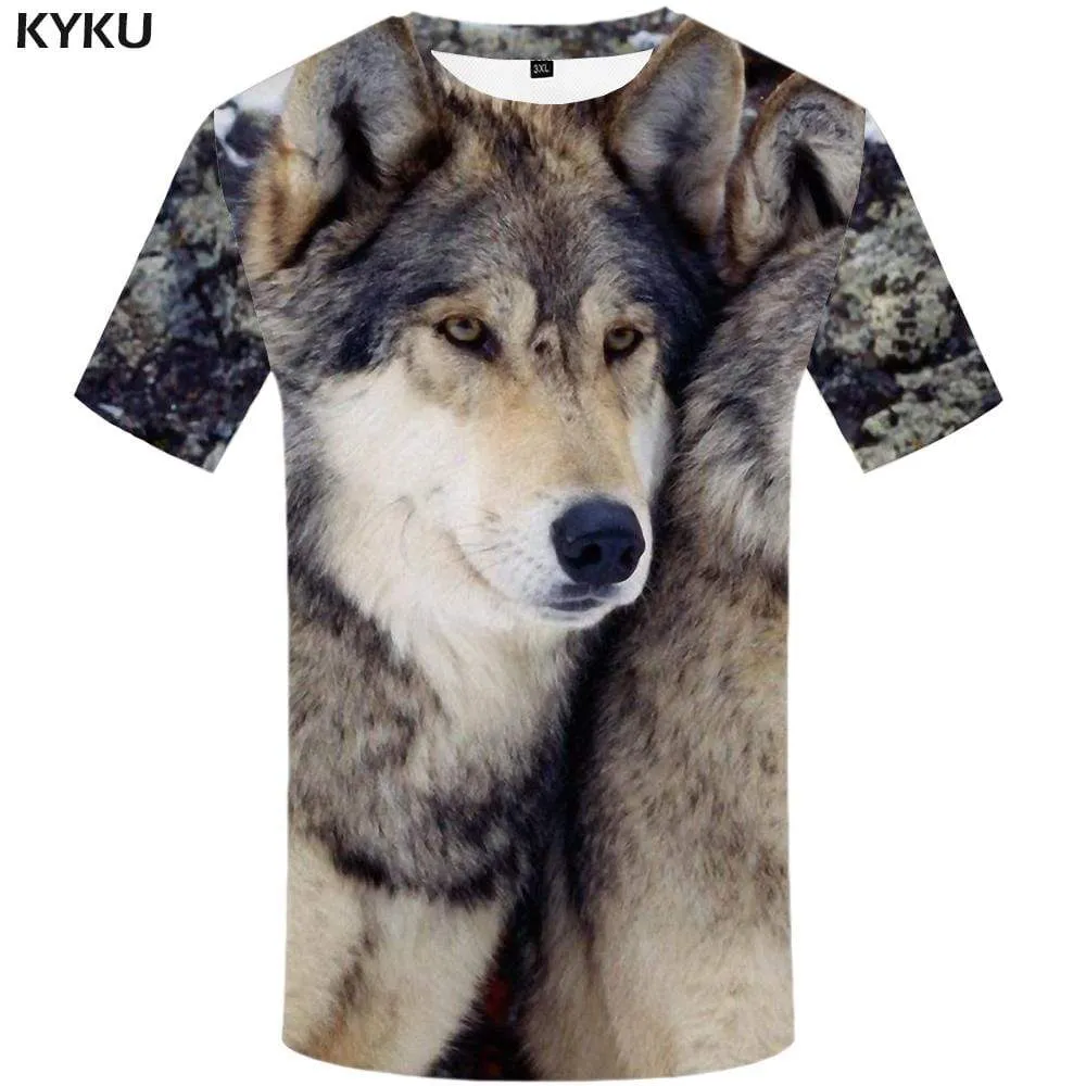 KYKU Wolf T shirt Men Gray T shirts Funny Animal Tshirts Print Harajuku T-shirt 3d Tshirt Anime Mens Fashion Short Sleeve