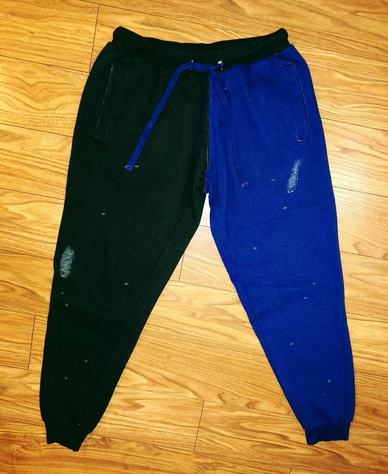 La Detresse Women's Two Tone Distressed Sweatpants Blue & Black Joggers Size XS