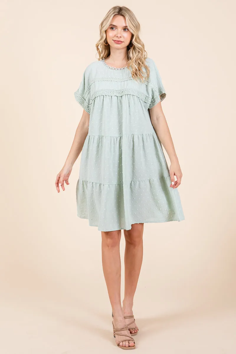 Lace Front Swiss Dot Ruffle Tiered Swing Dress