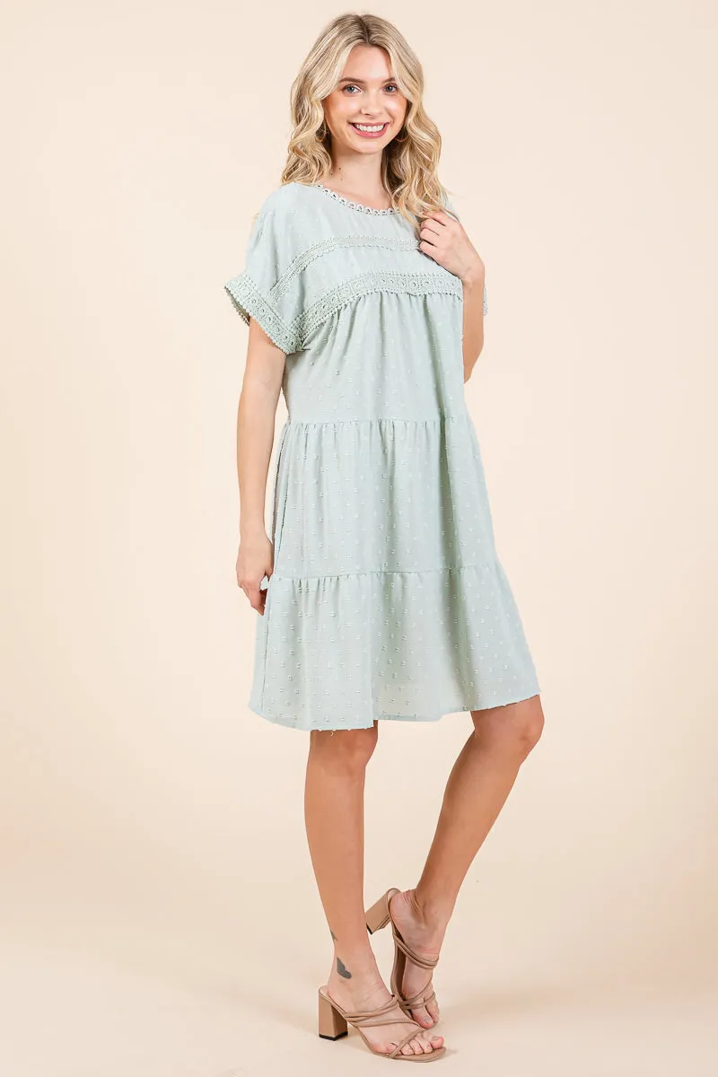 Lace Front Swiss Dot Ruffle Tiered Swing Dress