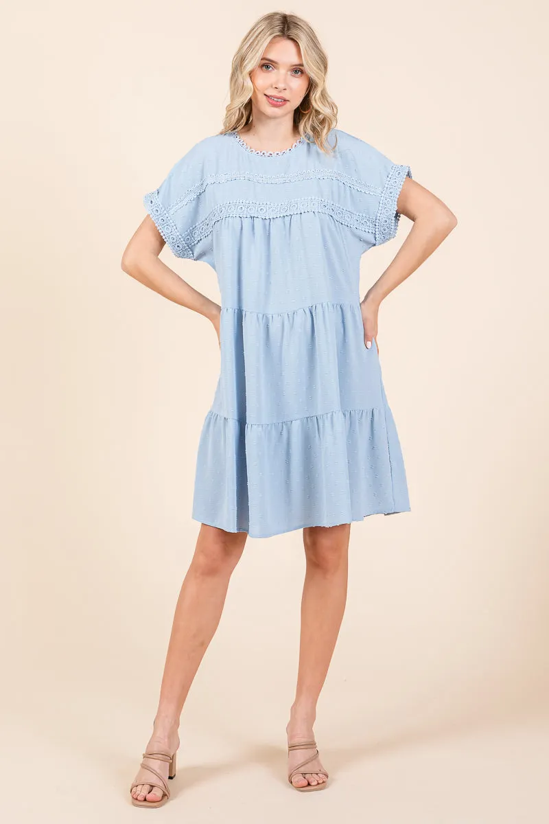 Lace Front Swiss Dot Ruffle Tiered Swing Dress