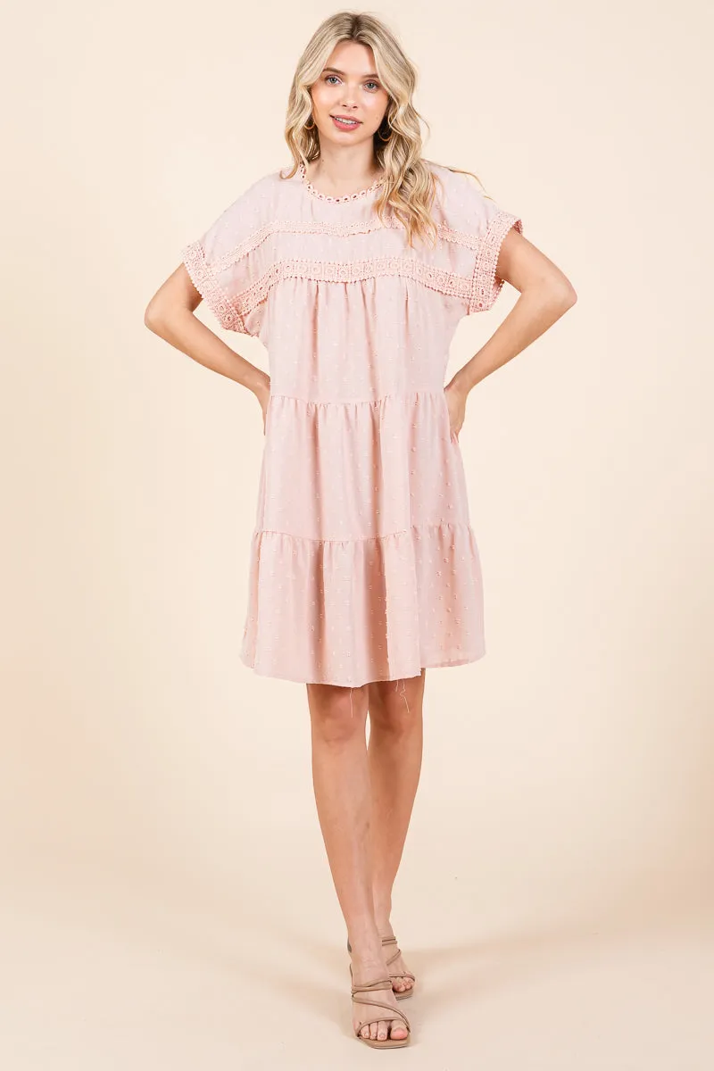 Lace Front Swiss Dot Ruffle Tiered Swing Dress