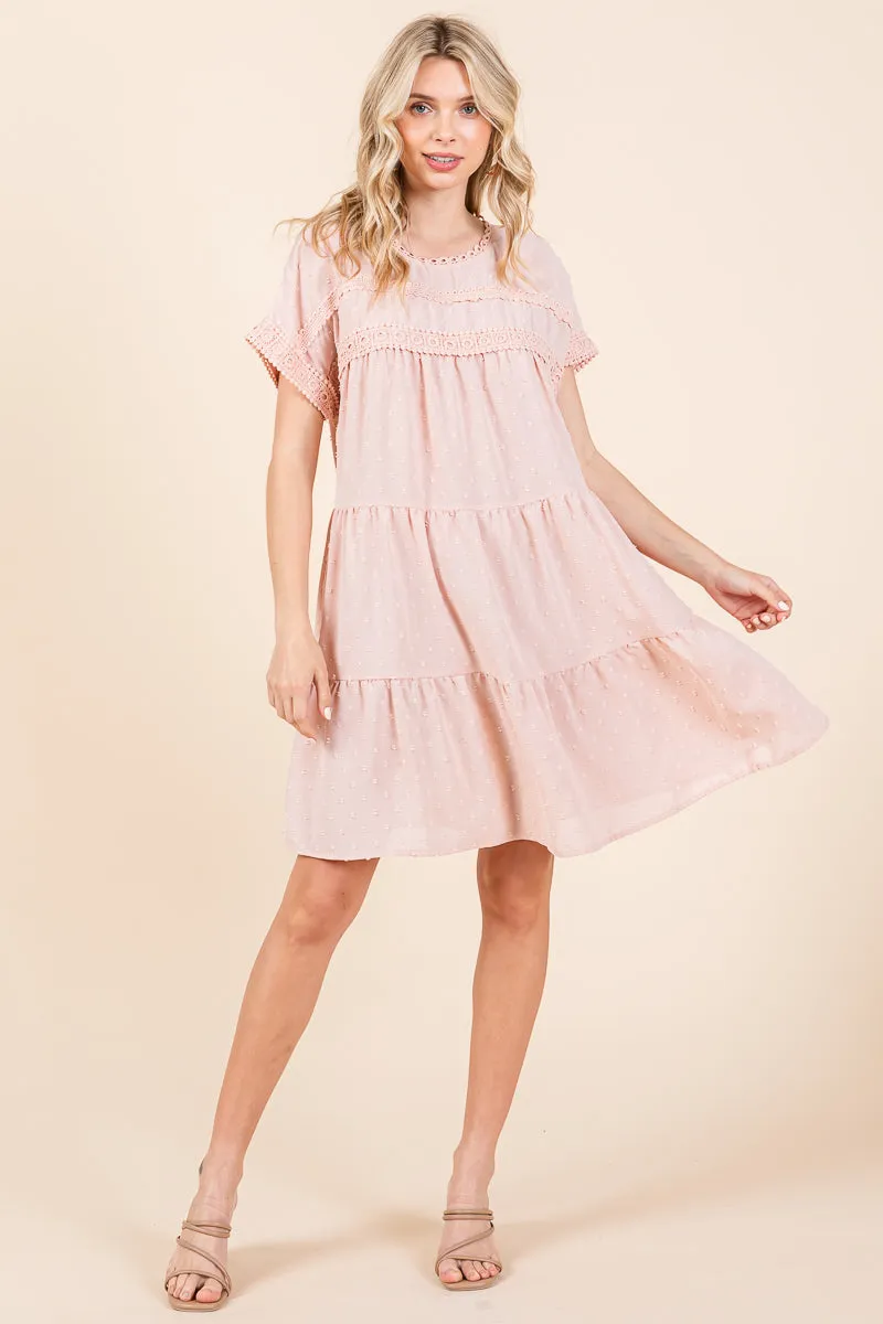 Lace Front Swiss Dot Ruffle Tiered Swing Dress