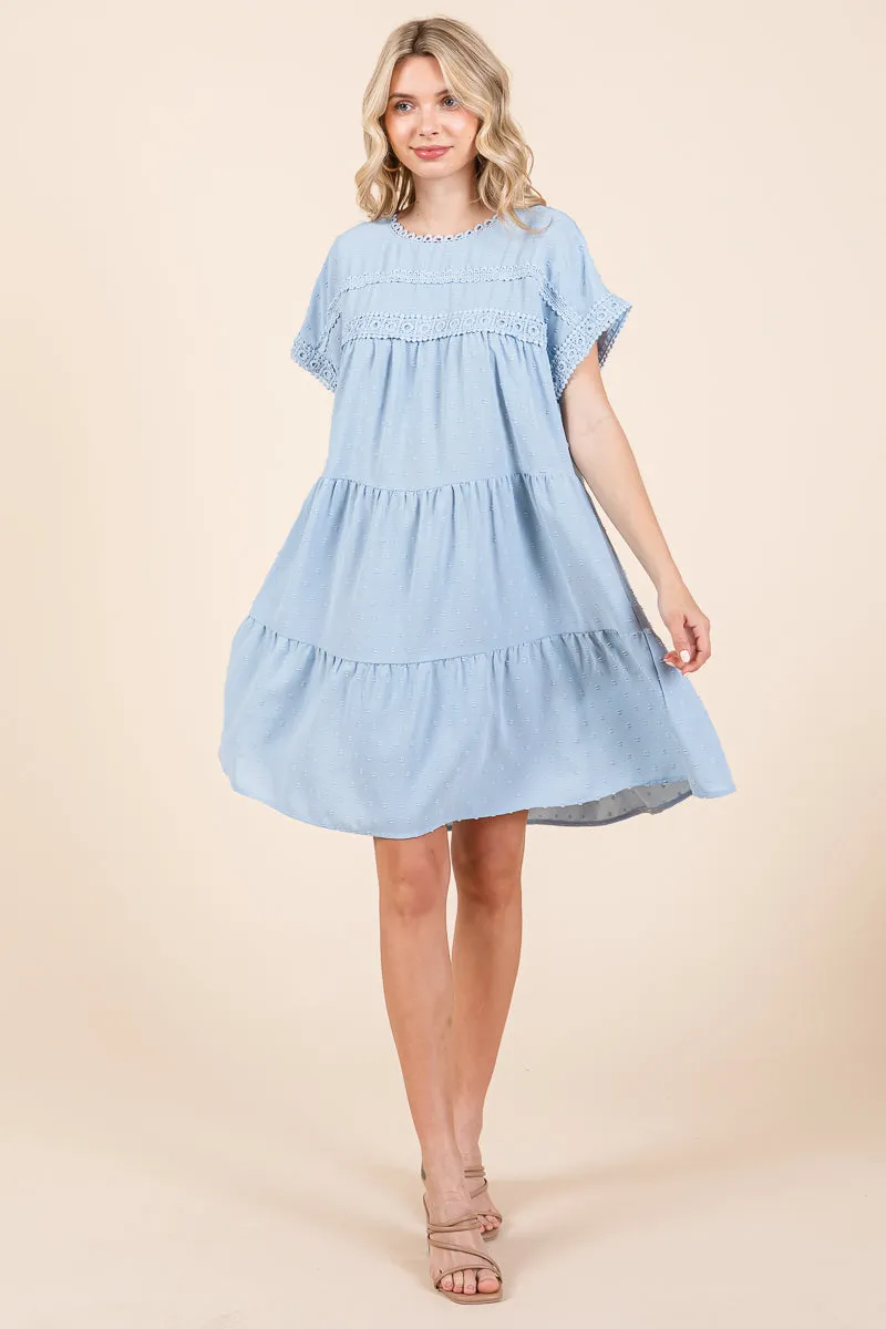 Lace Front Swiss Dot Ruffle Tiered Swing Dress