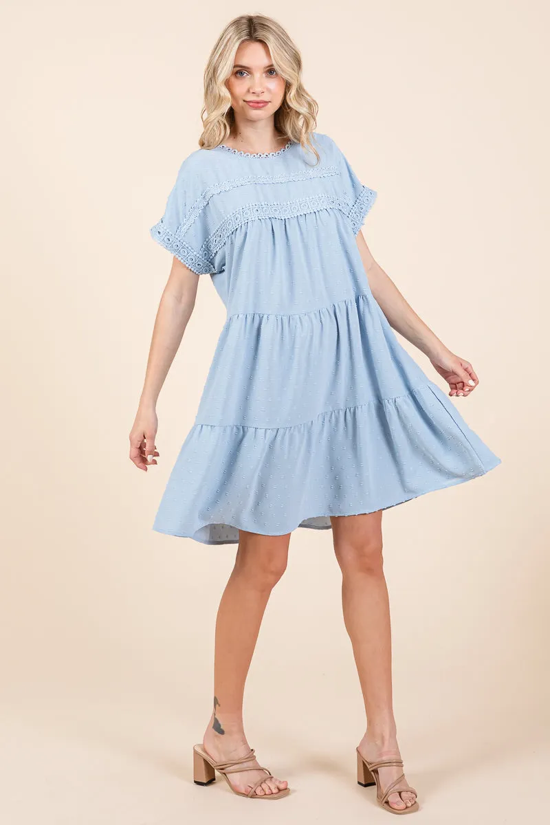 Lace Front Swiss Dot Ruffle Tiered Swing Dress