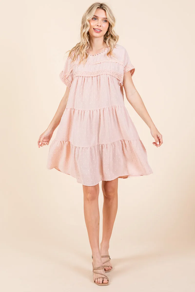 Lace Front Swiss Dot Ruffle Tiered Swing Dress