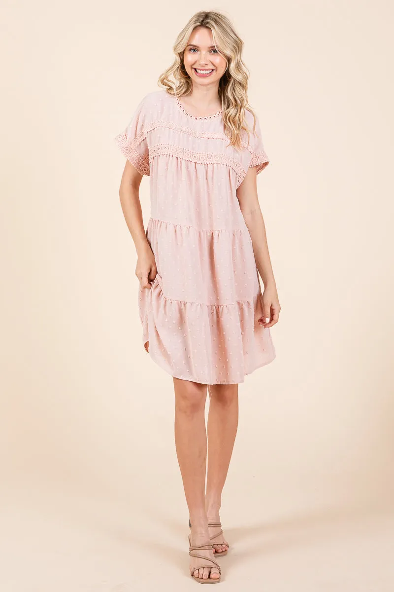 Lace Front Swiss Dot Ruffle Tiered Swing Dress