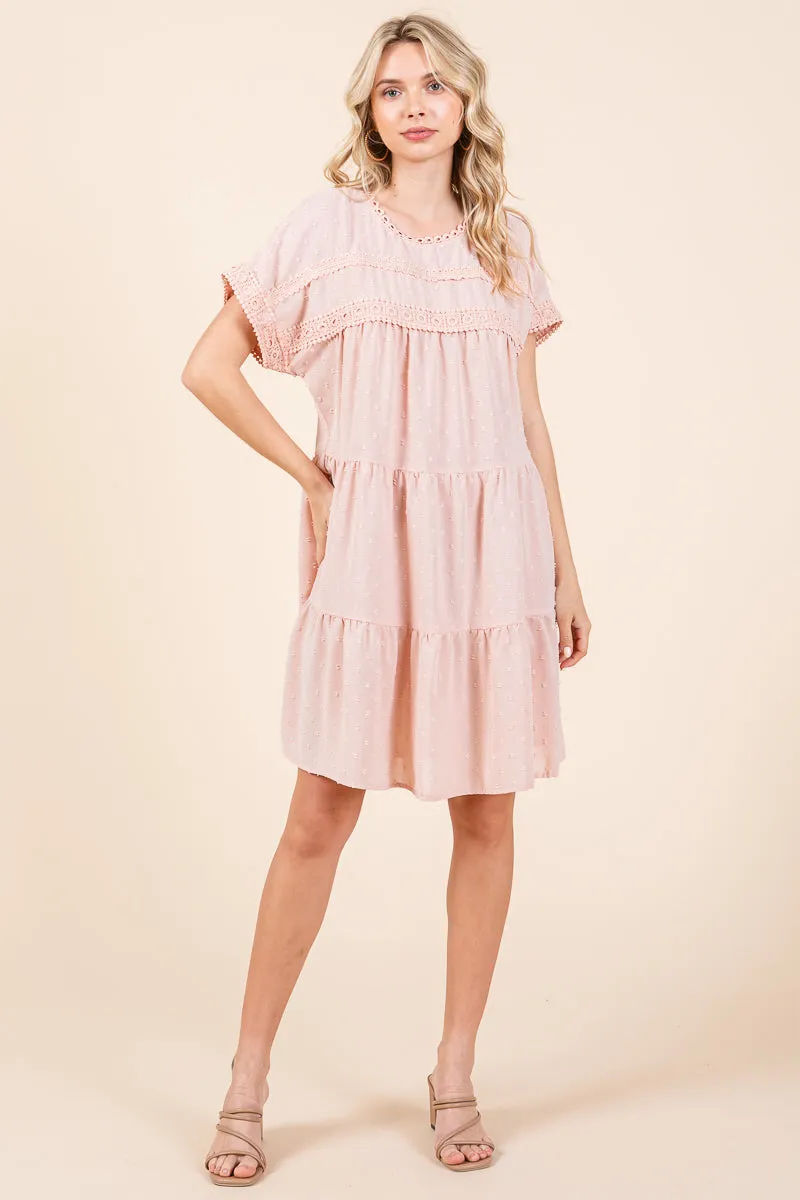 Lace Front Swiss Dot Ruffle Tiered Swing Dress