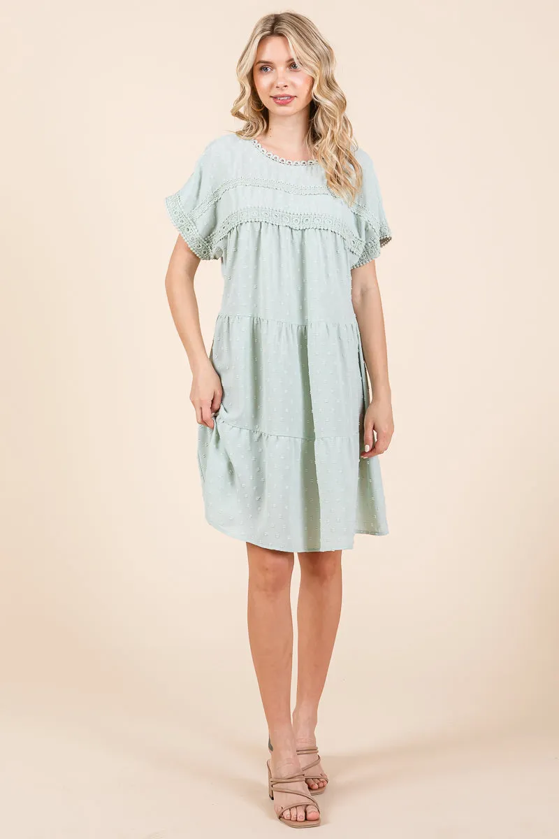 Lace Front Swiss Dot Ruffle Tiered Swing Dress