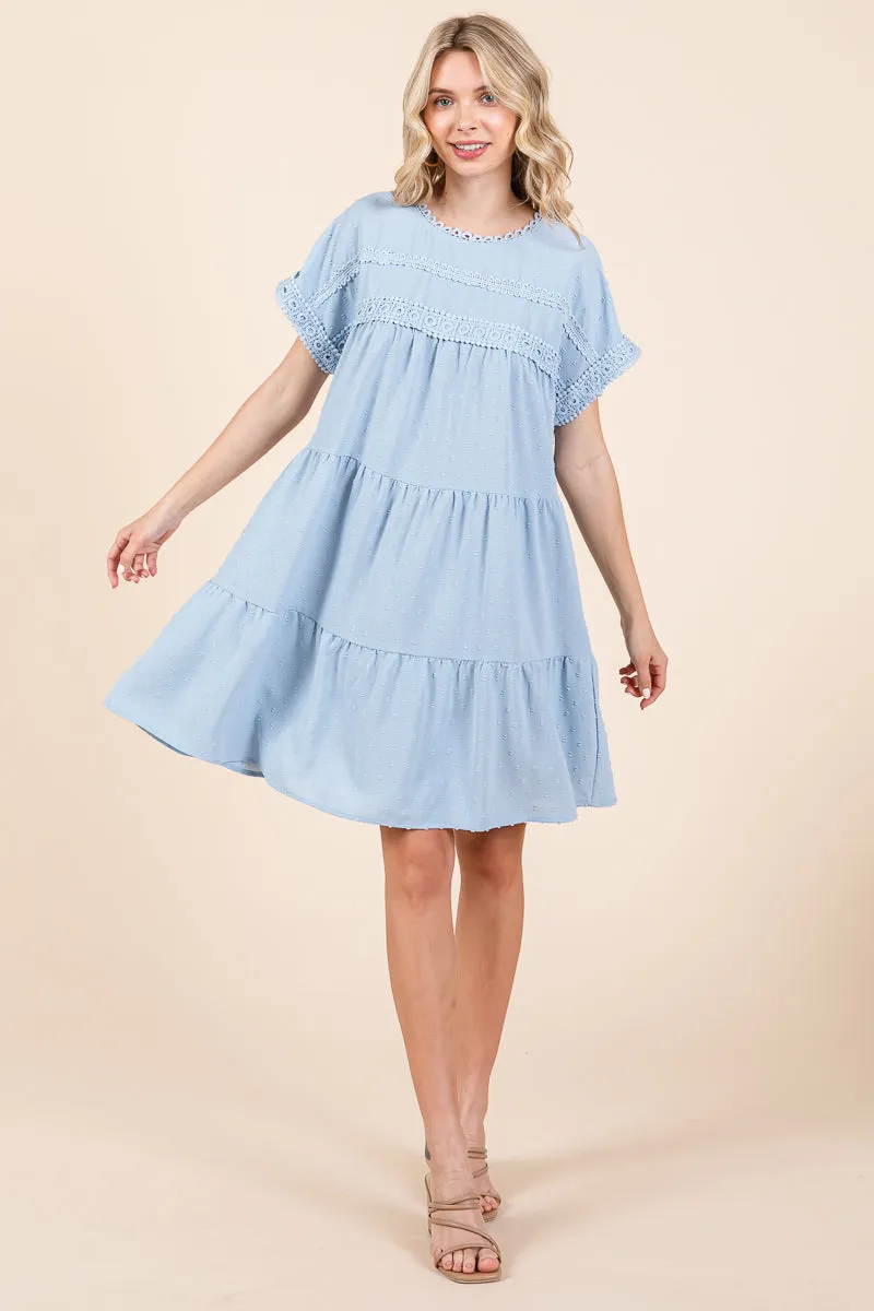 Lace Front Swiss Dot Ruffle Tiered Swing Dress