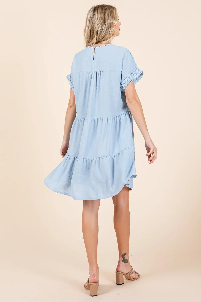 Lace Front Swiss Dot Ruffle Tiered Swing Dress